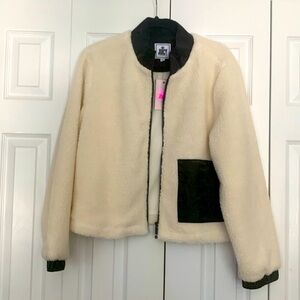 Juicy shearling jacket with vegan leather pocket and sleeves trim black zipper